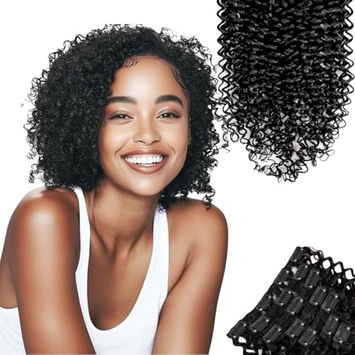 SIYUSI Kinky Curly Clip-In Hair Extensions 12 Inch - Natural Black, 3.52oz, 7Pcs, Waterdrop Clips