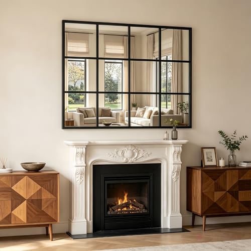 Dewfig 47x30 Inch Rectangle Wall Mirror with Black Metal Frame Windowpane Design - Variation: Windowpane-rm
