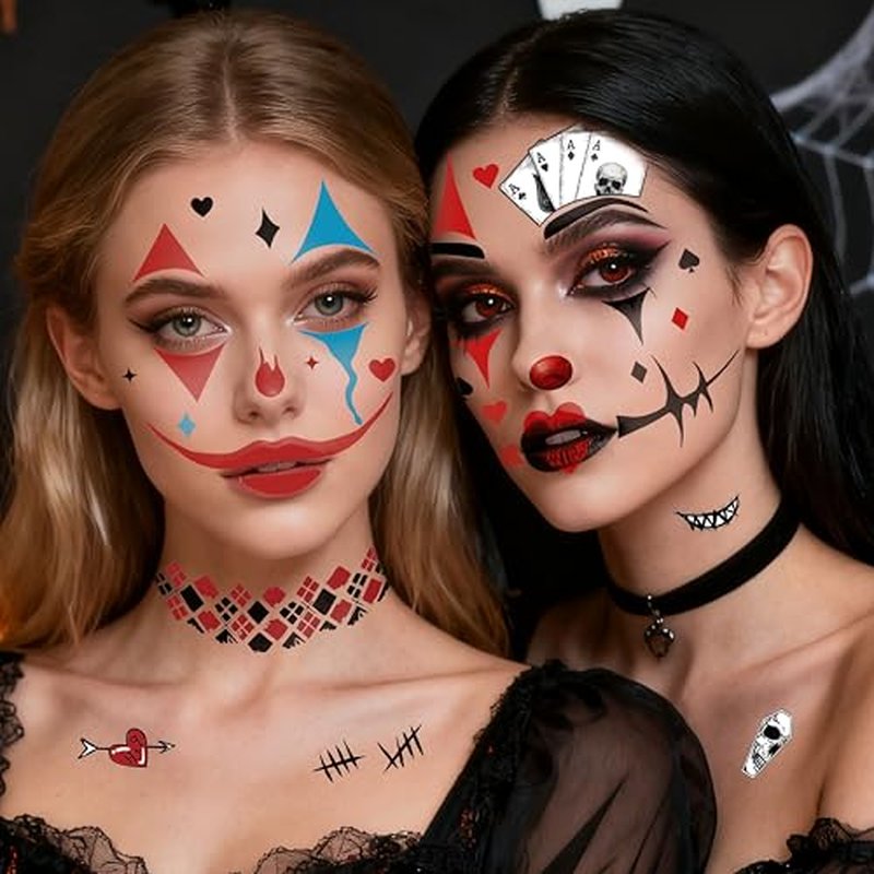 4¡¿ Clown Face Tattoo, Halloween Temporary Tattoos Clown Makeup Joker Tattoos,Halloween Face Tattoos Joker tattoo Temporary for Horror Party Decor Role Playing (4Pcs clown face tattoo)