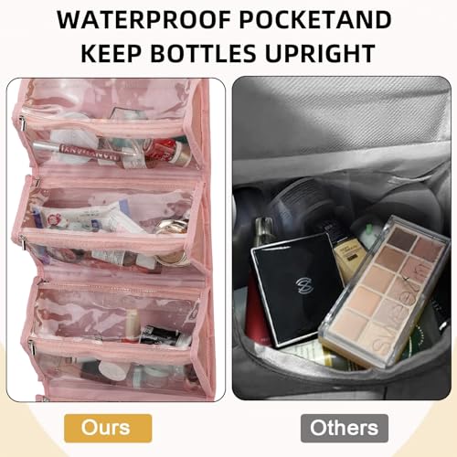 ROYALFAIR Roll Up Makeup Bag, Waterproof Toiletry Bag for Women, Hanging Travel Organizer bags with Jewelry Organizer Compartment, Extra Large 4 Clear TSA Approved Pouches Cosmetic Makeup (light red)
