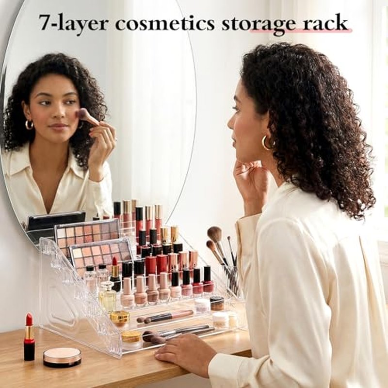 2 Pcs 7 Layers Nail Polish Organizer, Clear Plastic Sunglass Organizer Display Rack Large Essential Oil Storage Holder for Cosmetic, Eyeglasses, Perfume, Jewelry, Lipstick