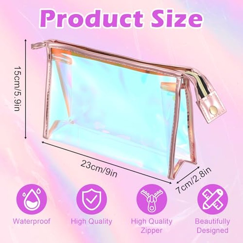 10 Pcs Iridescent Makeup Bag Clear Holographic Makeup Bag Bulk Portable Waterproof PVC Zipper Toiletry Travel Makeup Bags for Women Mother's Day Bride Bridesmaids Gifts Pink