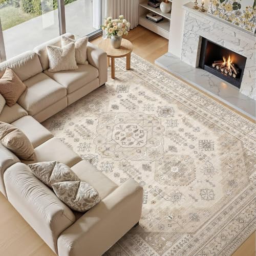 Beige 9x12 Washable Area Rug - Vintage Style, Soft Non-Slip Living Room Carpet