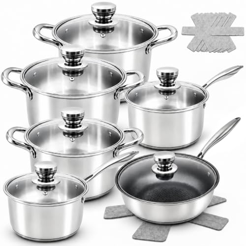 18-Piece Stainless Steel Cookware Set with Nonstick Pots & Pans - Includes Lids & Handles