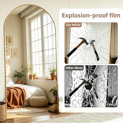 MyVoice 25x65 Inch Gold Arched Freestanding Full Length Mirror with Metal Frame - White Finish