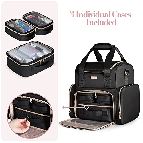 Large Cosmetic Bag with 3 Removable Case, Double Layer Travel Organizer with Inner Dividers and Makeup Brushes Storage Section, Black (Patented Design)