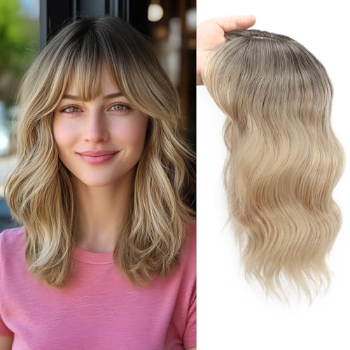 14 Inch Curly Wavy Hair Topper with Clips - Ombre Dark Root to Blonde