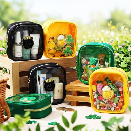 9 Pcs St. Patrick's Day Makeup Bag Set Clear PVC Shamrock Cosmetic Bag with Zipper Transparent Leprechaun Hat Pot of Gold Beer Chenille Makeup Pouch Irish Toiletry Organizer (6 "x 5")