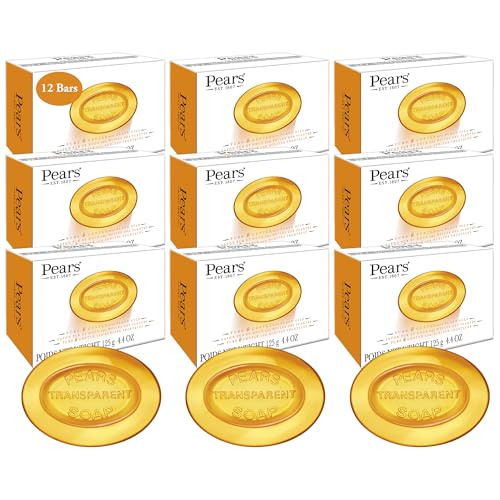 Pure & Gentle Pears Soap 12-Pack - Glycerin Transparent Amber Bar for Skin Care - Original 4.4 Oz