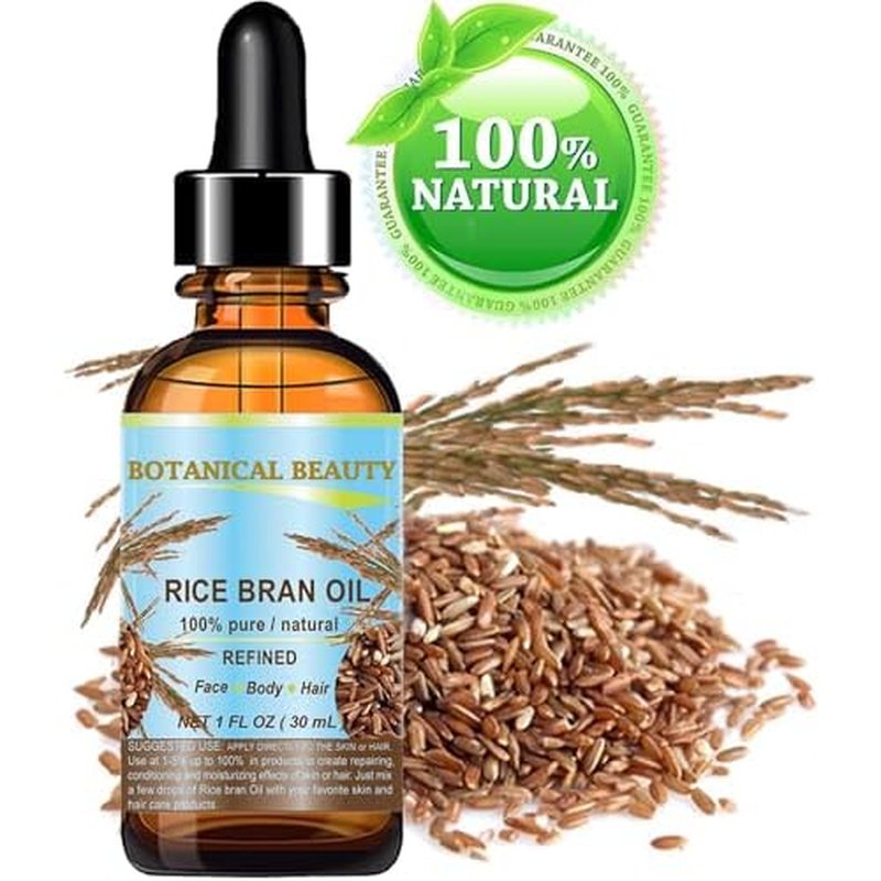 Botanical Beauty RICE BRAN OIL 100% Pure Natural Refined Undiluted Cold Pressed Carrier Oil for Face, Skin, Body, Hair, Massage, Nails. (1 Fl Oz)