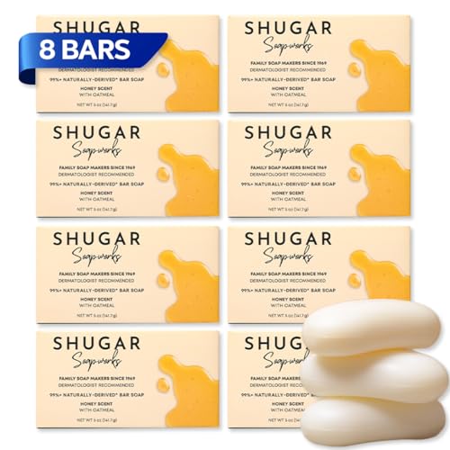 Shugar Soapworks Oatmeal & Honey 5 oz Beauty Bar Soap 8-Pack | Plant-Based Vegan Formula | Sulfate & Paraben Free | Gentle Exfoliating Cleanser with Finely Ground Oatmeal Flakes