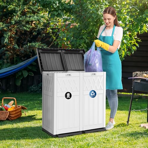 DWVO 72-Gallon Dual Outdoor Trash Can - Grayish-White, Weather-Resistant Double Garbage Bin