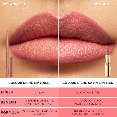 L¡¯Or?al Paris Colour Riche Lipstick and Lip Liner Set, Includes 1 Satin Lipstick and 1 Creamy Lip Pencil For Bold, Nourished Lip Color, Worth It Medium, 1 Kit