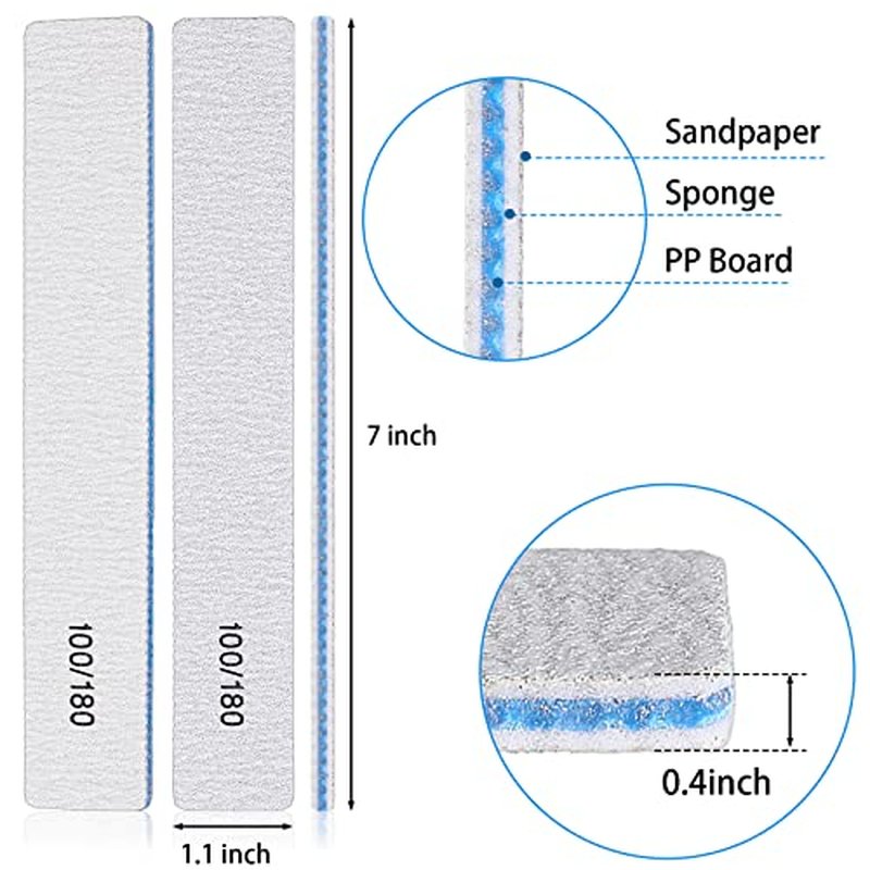200 Pcs 100/180 Grit Nail Files, Reusable Nail File Double Sided Emery Boards for Acrylic and Gel Nails, Professional Fingernail File Manicure Tools for Filer Salon Pedicure Beauty(Rectangle)