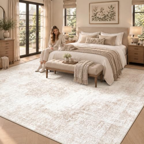 8x10 Beige/Brown Vintage Rug - Washable Large Living Room Floor Carpet with Non-Slip Backing