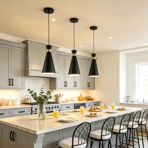 3-Pack Modern Black and Gold Pendant Lights for Kitchen Island - 13"H, Adjustable