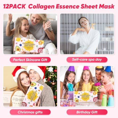 12 Pack Hydrating Face Masks for Women - Moisturizing Skin Care Set