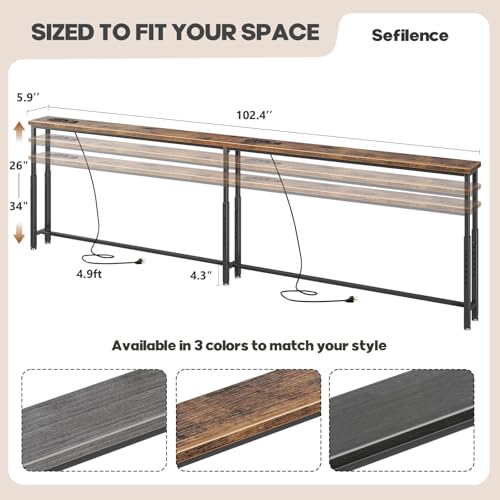 102.4-Inch Narrow Adjustable Console Table with Charging Station - Rustic Brown