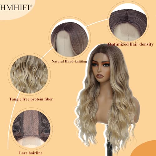 HMHIFI 26 Inch Long Wavy Curly Blonde Wig with Middle Part - Brown Ombre