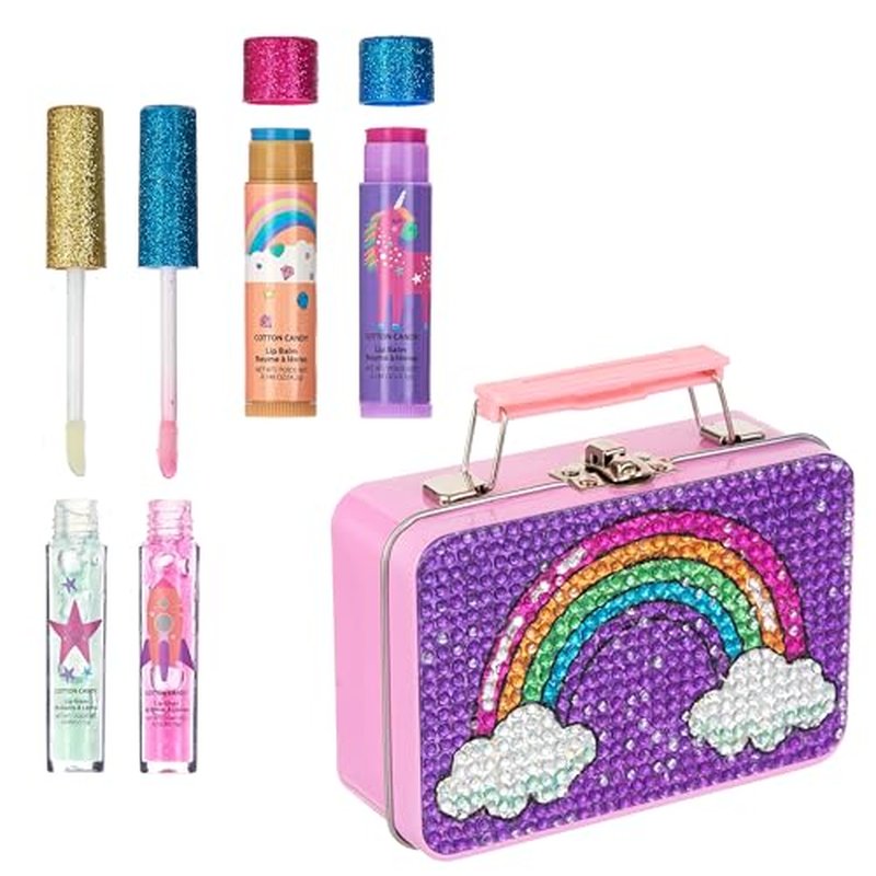 5pc Rainbow Rhinestones Cosmetics Lip Kit For Kids w/Lip Glosses, Lip Balms & Tin Box Storage Case "Magical" Lip Set,Washable + Non Toxic