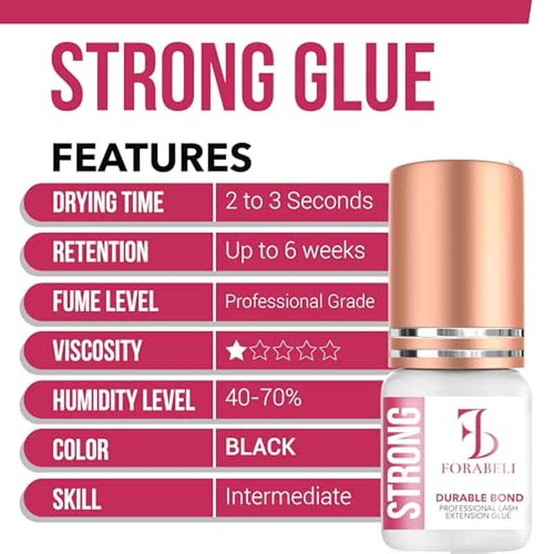 Forabeli Strong Eyelash Extension Glue | Volume Lash Adhesive | 2-3 Second Drying Time | 6 Weeks Retention | for Volume & Classic Lashes | Black, 5ml