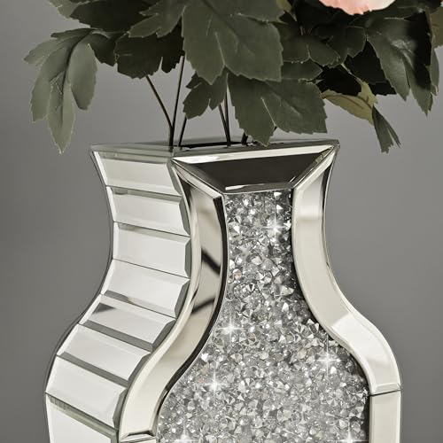 26.8-Inch Silver Crushed Diamond Mirrored Floor Vase with Pampas Grass, Tall Elegant Decor