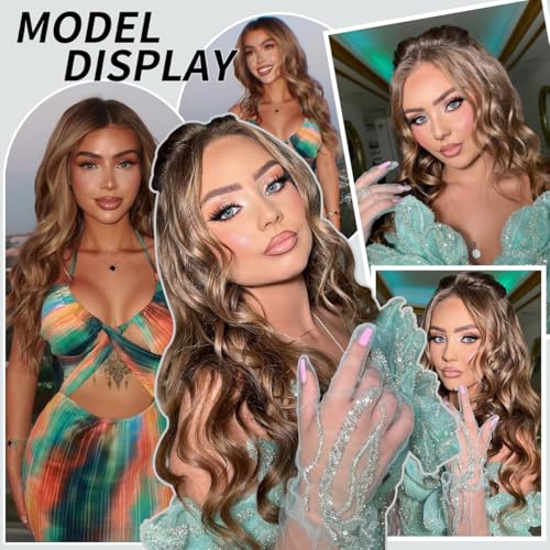 Synthetic Lace Front Wig 13x6 HD Highlight Brown Mix Blonde, 28 Inch Body Wave for Women