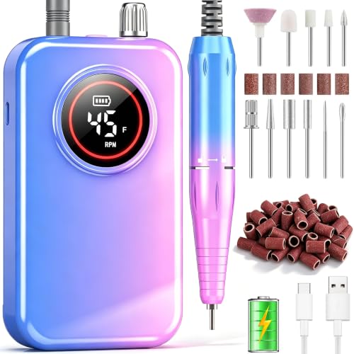 ORFASTAR Pink Nail Drill Pro 45000 RPM Wireless Electric Nail File Kit with 11 Bits & Sanding Bands