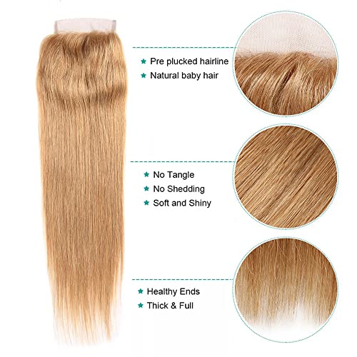 Isufer 10 Inch Honey Blonde Closure 4x4 Swiss Lace Pre Plucked Baby Hair Brazilian Virgin Straight HD Lace