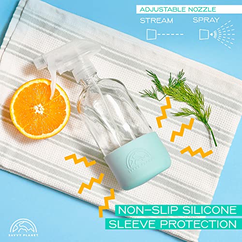 SAVVY PLANET - Glass Spray Bottles for Cleaning, Silicone Sleeve Bottom for Protection, Reusable Glass Spray Bottles 16 Oz With Adjustable Nozzle Settings (2 Pack)