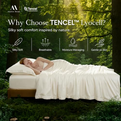 Amélie Home Queen Size Tencel Lyocell Duvet Cover Set Cream White - Silky Soft & Breathable