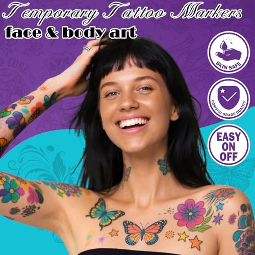 Ponhey Temporary Tattoo Markers for Skin, 12 Body Markers+67 Large Tattoo Stencils,Dual-End Tattoo Pens,Fine Lines with Cosmetic-Grade,Flexible, Skin-Safe Face Paint Kit for Teenage Adults