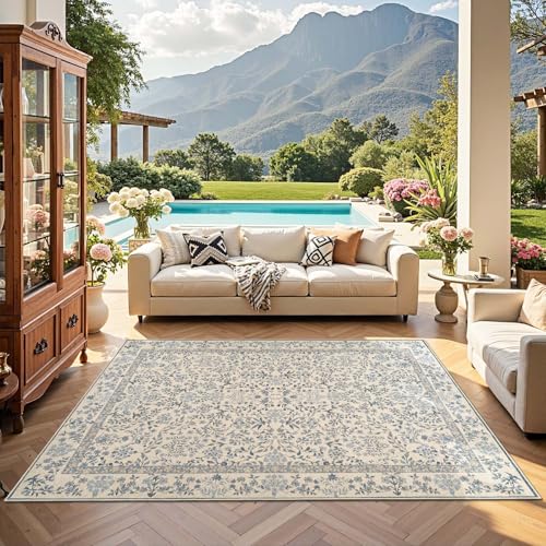 Blue/Cream 5x7 Washable Vintage Floral Area Rug for Living Room - Jinchan