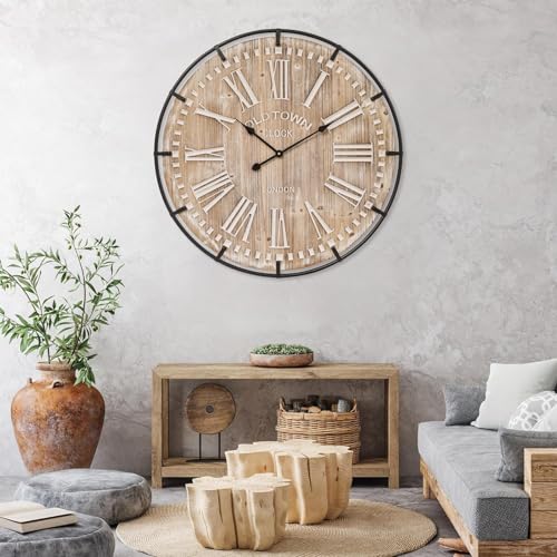 Farmhouse Wall Clock 30 Inch - Rustic Wood Metal Decor Silent Sweep Brown
