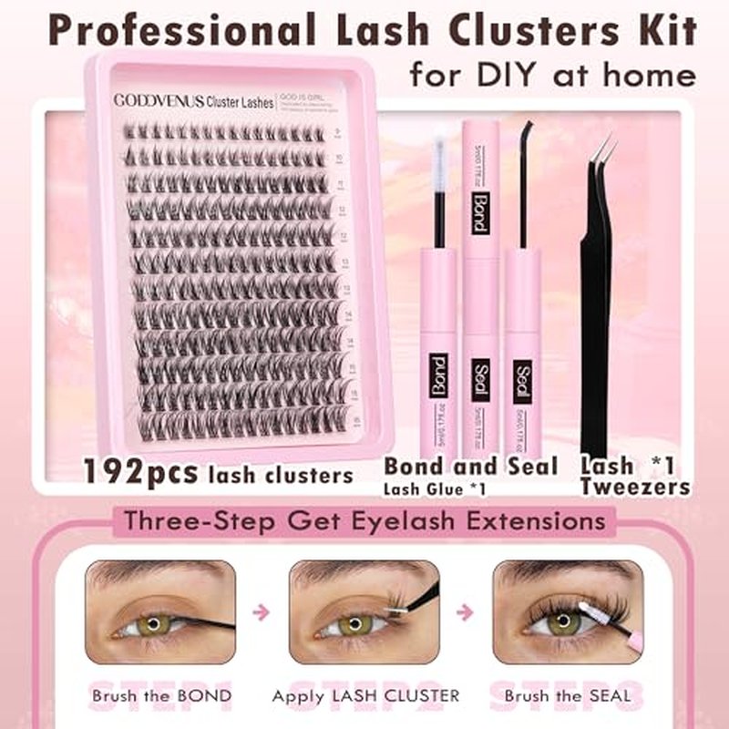 Lash Clusters Kit Wispy Lash Extension Kit Waterproof Lashes Clusters DIY Eyelash Clusters Kit with Natural Individual Eyelashes, Lashes Glue Bond and Seal and Lash Tweezers (D Curl 192pcs)