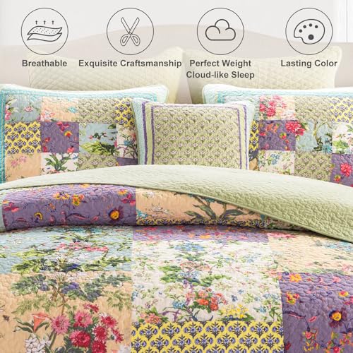 YAYIDAY Queen Size Patchwork Bedspread Set - 90 x 98 inch Cotton Quilt for All Seasons