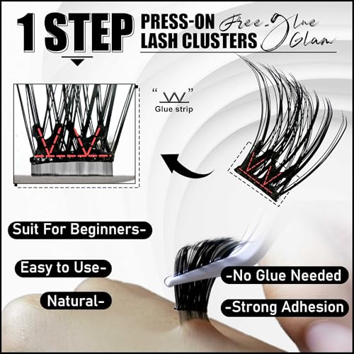 Self Adhesive Eyelashes No Glue Lash Clusters, HKKHZZ Press-on Lashes 10/12/14/16mm Individual Lash Extension Kit with Lash Tweezers, Self-adhesive False Eyelashes Natural DIY Eyelash Extension Kit