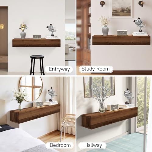 Floating Solid Wood Console Table Wall Mount with Storage Shelf - Walnut, 80cm