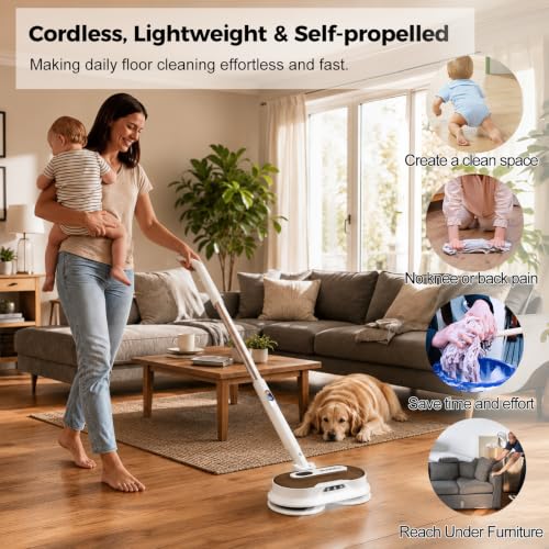 Cordless Electric Mop with Spray & Detachable Water Tank - White+Gold