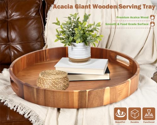 20 Inch Round Acacia Wood Serving Tray - Large Heavy Duty Kitchen & Home Organizer
