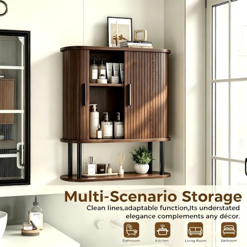 Walnut Fluted Bathroom Wall Cabinet with Tambour Sliding Door - 9.8"D x 23.6"W x 26.3"H - Modern Space Saver