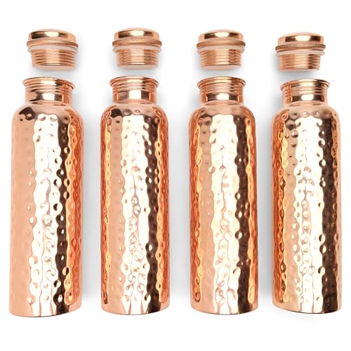 Set of 4 Hammered Copper Water Bottles 34 oz with Leak-Proof Caps - Pure Copper Hydration