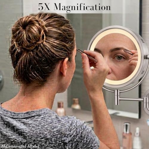JERDON Lighted Wall-Mount Makeup Mirror - 5X Magnification - Nickel Finish
