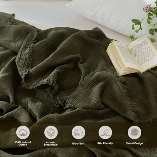 Olive Green MooMee 100% Cotton Gauze Bed Throw Blanket, 4-Layer Fringed Summer Cover