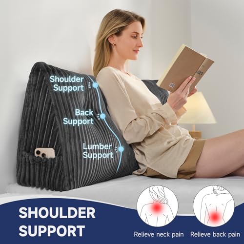 Large King Headboard Pillow - No Roll Wedge Pillow with Side Pockets - Grey