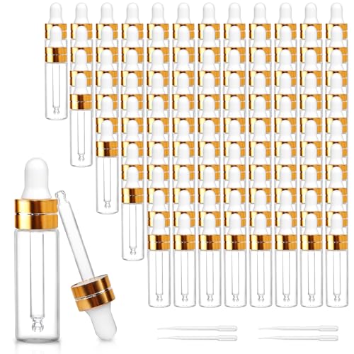 Comrzor 100 Pack 5ml Clear Glass Dropper Bottles with Gold Cap & 4 Dropper Tools