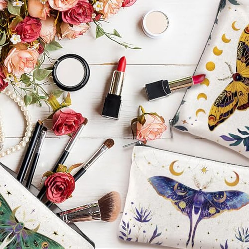 16Pcs Butterfly Makeup Bag Canvas Cosmetic Bag Insects Zipper Cosmetic Bag 5.9x9.06 Inch Polyester Travel Toiletry Pouch for Women Party Shopping Home Travel
