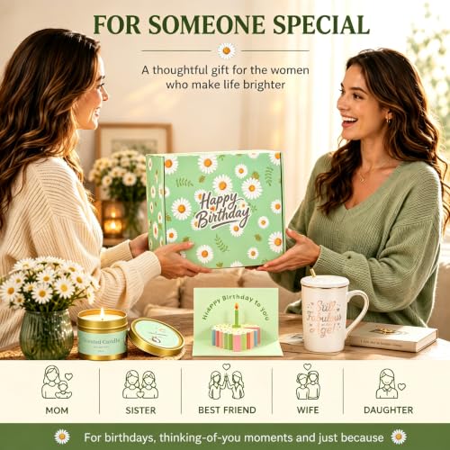 Daisy Birthday Gift Basket for Women Self Care Spa Set with Candle & Cozy Essentials