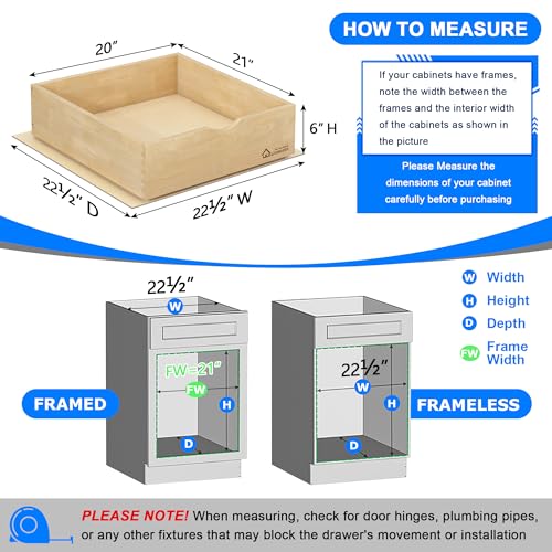 Natural Birch Wood Pull Out Drawer for Kitchen Cabinets 20''W x 21''D - Heavy-Duty Space-Saving Organizer
