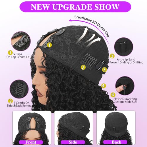 Larhali V Part Curly Bob Wig 250% Density 14 inch U Part Glueless Drawstring No Leave Out